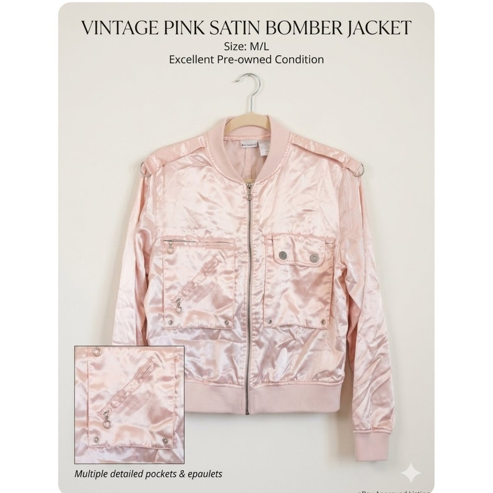 Vintage  Pink Satin Bomber Jacket Utility Pocket Y2K M/L